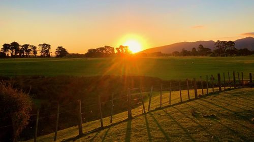 Scenic view of field against sky during sunset