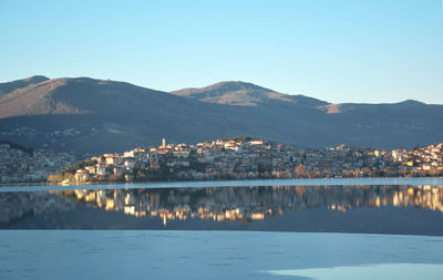 Scenic view of sea by buildings against clear sky