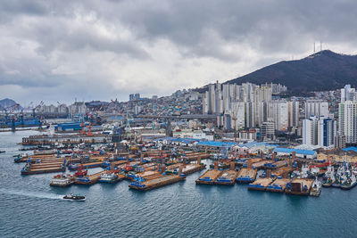 High angle view of buildings in city