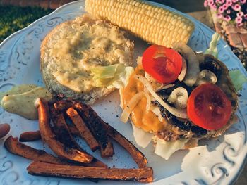 High angle view of breakfast served on table