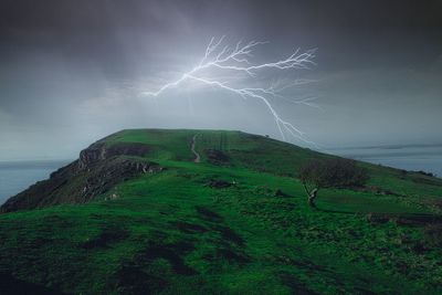 Firework display over sea against sky