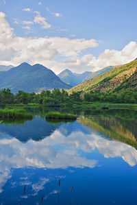 Scenic view of lake and mountains against sky