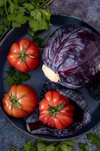 High angle view of tomatoes on table