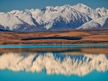 Scenic view of lake by snowcapped mountains during winter