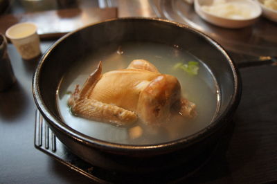 High angle view of food in plate on table