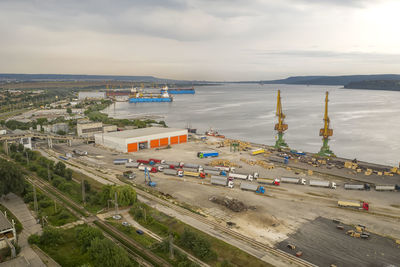 High angle view of road by sea against sky