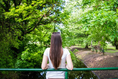 Rear view of woman looking at trees