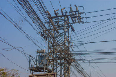 Low angle view of electricity pylon against sky