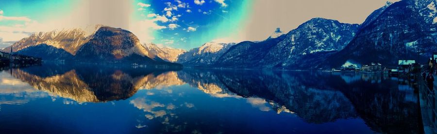 Panoramic view of lake and mountains against sky