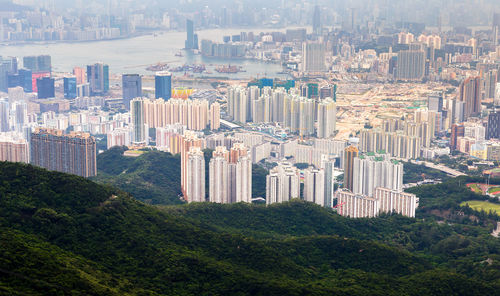 High angle view of modern buildings in city