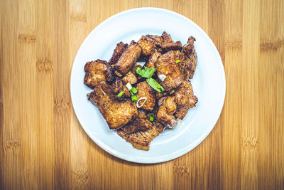 High angle view of food in plate on table