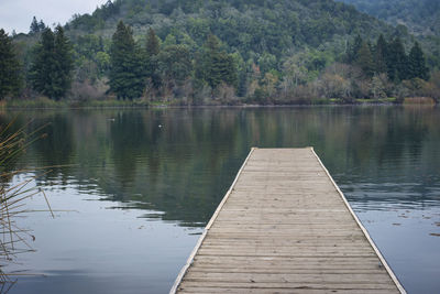 Empty pier on small quiet lake, no people. 