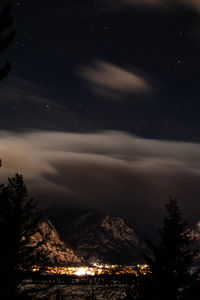 Aerial view of illuminated mountain against sky at night