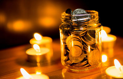 Close-up of illuminated candles on table