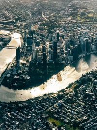 High angle view of modern buildings in city