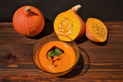 High angle view of pumpkins on table