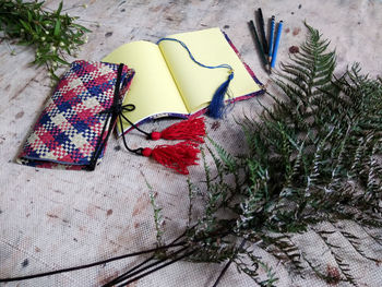 High angle view of christmas decoration on table