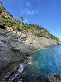 Rock formations in sea against sky