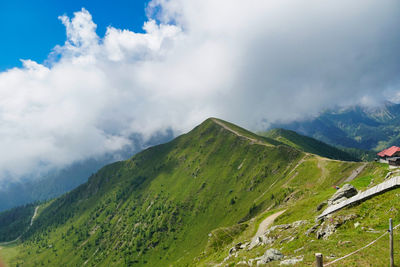 Scenic view of mountains with clouds against sky