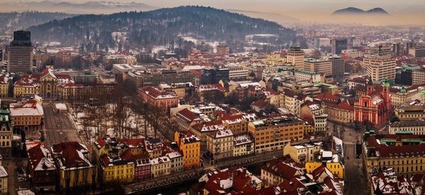 High angle view of buildings in city