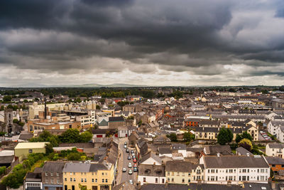 High angle shot of townscape against sky