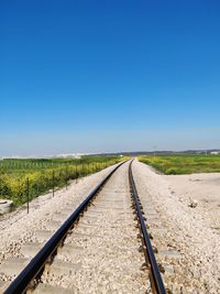 View of railroad tracks against clear blue sky