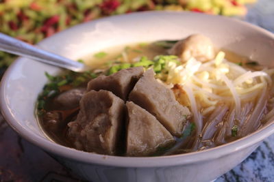 Close-up of soup in bowl on table