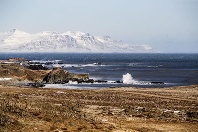 East fiords in iceland with snowy volcanoes in background