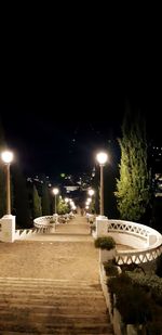 Illuminated street lights by trees against sky at night