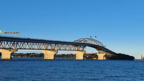 Bridge over river against clear blue sky