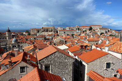 High angle view of cityscape against cloudy sky