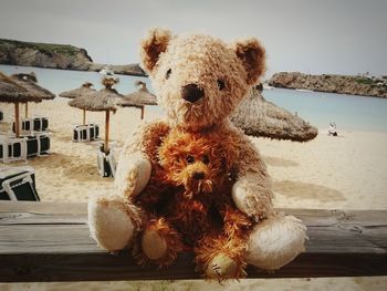 View of stuffed toy by sea against sky