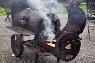 Close-up high angle view of grill