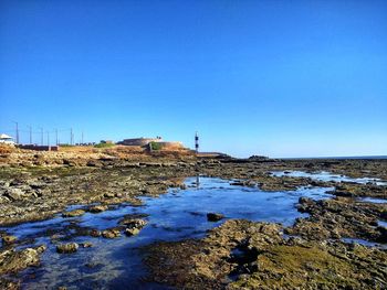 Scenic view of sea against clear blue sky