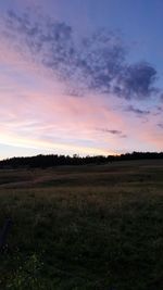 Scenic view of grassy field against sky at sunset