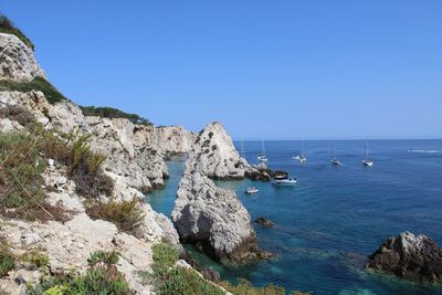 Scenic view of sea against clear blue sky