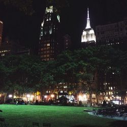 Illuminated buildings at night