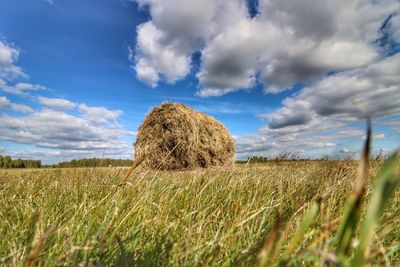 Hay bales on field against sky