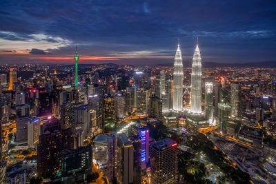 Aerial view of illuminated cityscape