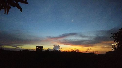 Silhouette trees and buildings against sky at night