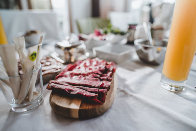 Close-up of food and drink on table