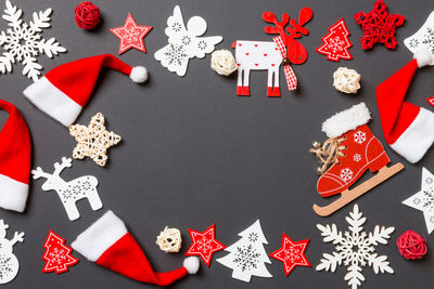 High angle view of christmas decorations on table