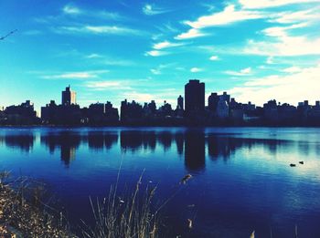 City skyline at sunset