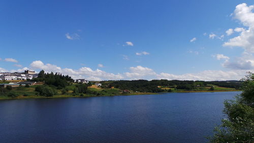 Scenic view of river against cloudy sky