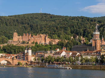 Scenic view of river by buildings against sky