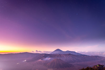 Scenic view of snowcapped mountains against sky at night