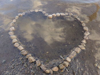 High angle view of heart shape in water