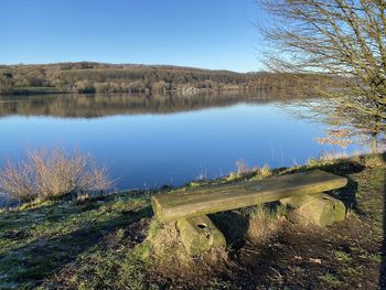 Scenic view of lake against clear blue sky