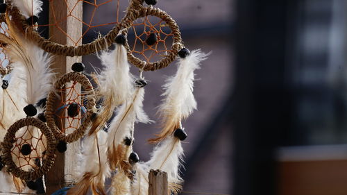 Close-up of dreamcatcher hanging outdoors