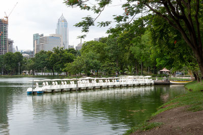 Scenic view of river in city against sky